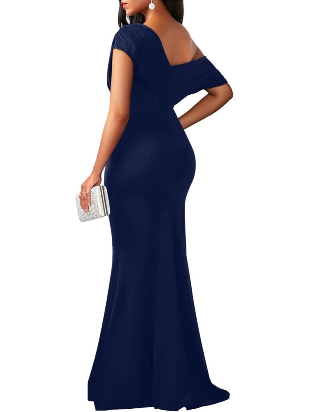 Women's Elegant Sleeveless Off Shoulder Bodycon Navy Long Formal Party Dress - Picture 2 of 7